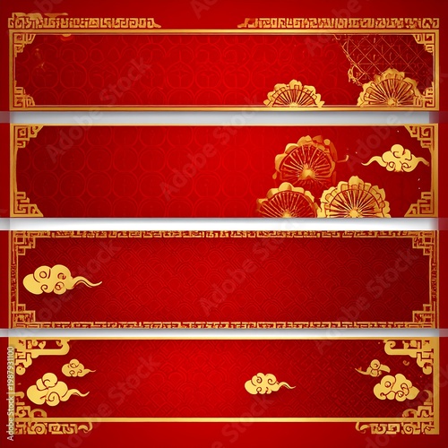 Four vibrant, horizontal banners with a traditional Chinese aesthetic. The design features intricate golden borders, red backgrounds, and stylized gold clouds and floral elements