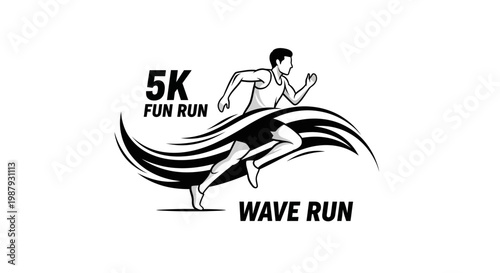 Dynamic 5K Fun Run Logo: Athlete Embarking on a Wave Run in Black and White Silhouette