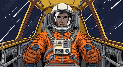 Retro comic style astronaut in spaceship cockpit, vintage sci-fi spaceman pilot in orange suit, galactic space travel vector illustration