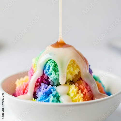 close up of syrup dripping over crushed ice dessert with bright rainbow colors smooth creamy texture minimal modern background 