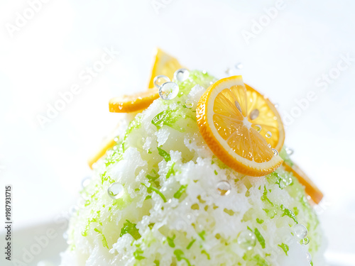 fresh citrus shaved ice with orange lemon slices and sparkling droplets dynamic composition with airy bright background 