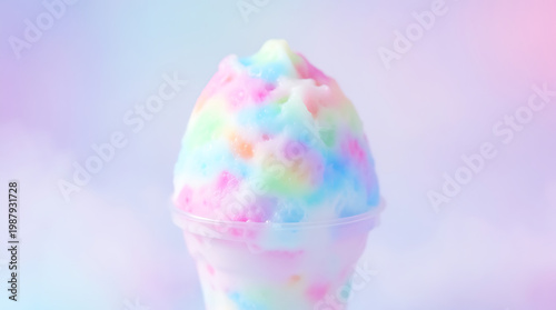 dreamy fantasy shaved ice dessert with glowing pastel colors soft mist atmosphere smooth gradient background large empty space 