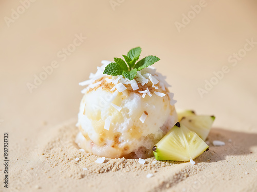 tropical shaved ice with coconut flakes pineapple slices and mint leaves placed on clean sandy tone background with large empty space soft 