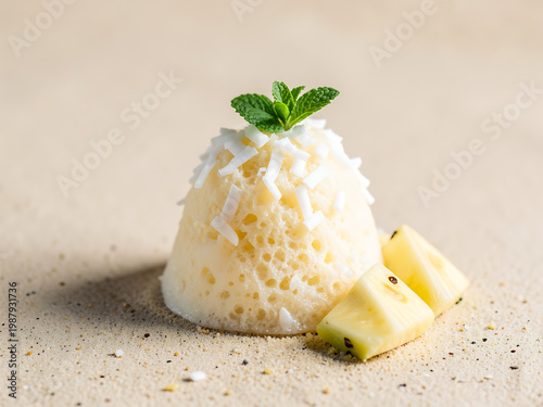 tropical shaved ice with coconut flakes pineapple slices and mint leaves placed on clean sandy tone background with large empty space soft 