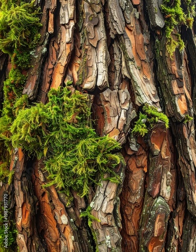 A macro shot showcases textured bark covered with vibrant green moss. The rough surface reveals organic lines and deep crevices