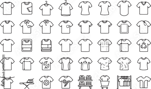 Minimalist t-shirt line icon set, 40 apparel and clothing vector elements, black outline garment symbols for fashion retail and laundry services