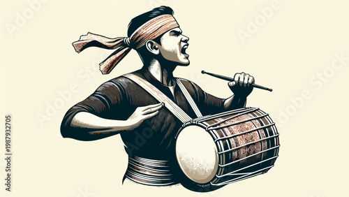 Traditional Assamese Man Passionately Playing Dhol Drum with Headband During Bihu Festival, Vintage Engraving Style Vector Illustration
