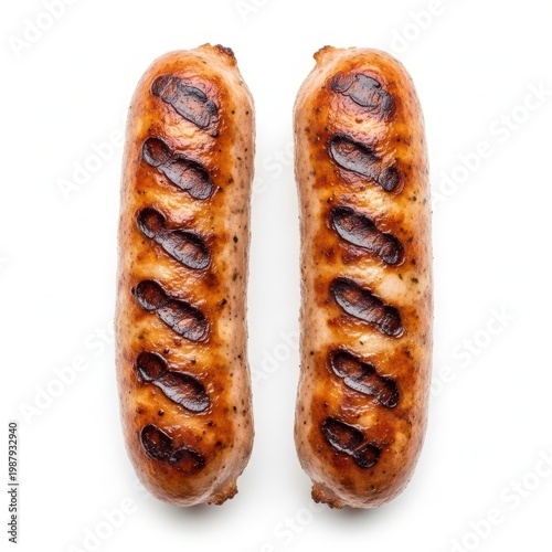 Two perfectly grilled sausages with a crispy, browned exterior and visible grill marks.