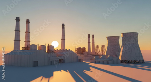 Industrial Power Plant with Cooling Towers at Sunset.
