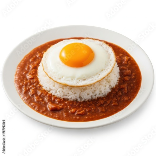 A delicious plate of rice topped with a perfectly fried egg and savory beans.