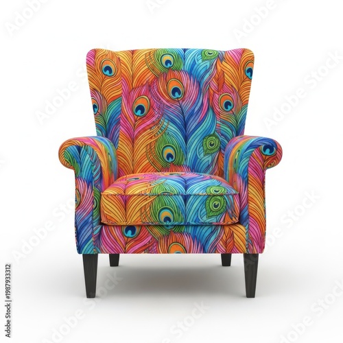 Vibrant peacock feather print armchair with wooden legs