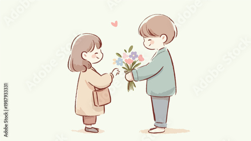 Cute Kawaii Cartoon Boy Giving Colorful Flower Bouquet to Girl with Heart Symbol, Sweet Romantic Couple Vector Illustration for Valentine's Day