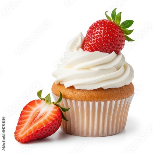 Delicious strawberry cupcake with fresh fruit and whipped cream topping