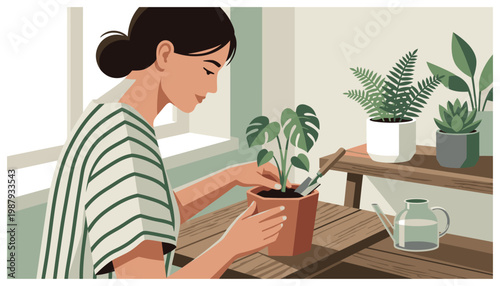 Woman gardening with houseplants on table.