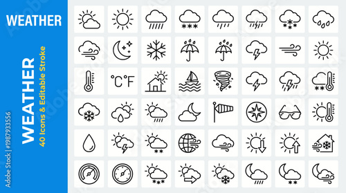 Collection of forty weather icons in a linear minimalist style
