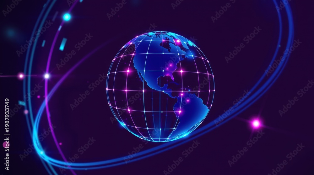 Obraz premium Futuristic globe illustration. Bright neon lines form grid over earth. Dark purple background with glowing particles, dynamic energy.