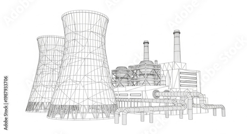 Industrial Power Plant Cooling Towers and Chimneys Sketch.