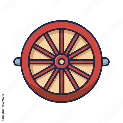 Cart wheel with red rim and spokes on white background  old fashioned transportation  wheelbarrow  wagon wheel
