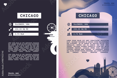 Chicago, Illinois USA vector infographics, brochure layout set. Guide, leaflet, flyer, graphic templates with text, information, data, city skyline shape. Mock up, copy space images series