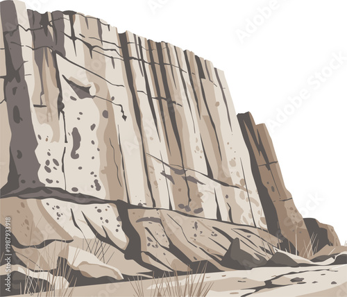 illustration of a large rocky cliff face with sparse vegetation