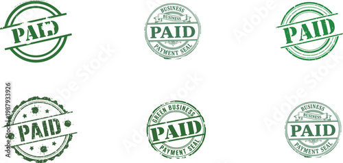 Six circular with "paid" text and green and white decorative