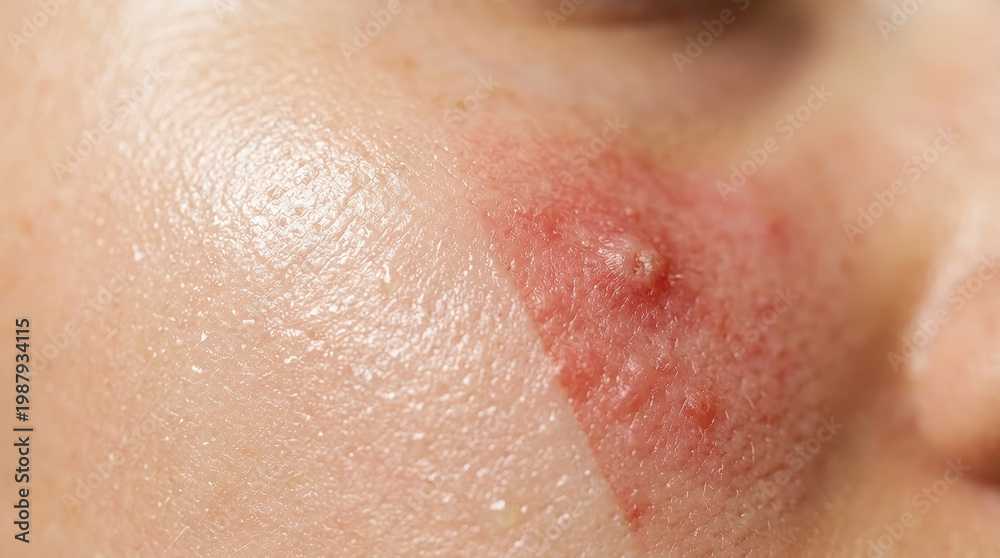Fototapeta premium Healthy skin barrier vs acne inflammation facial cheek with red pimple and irritated pore closeup skincare concept natural texture shows swelling and redness under bright light