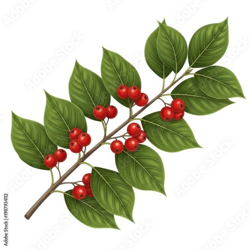 A branch of cherry tree adorned with vibrant red cherries and lush green leaves.