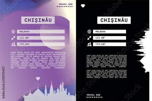 Chisinau, Moldova vector infographics, brochure layout set. Guide, leaflet, flyer, graphic templates with text, information, data, city skyline shape. Mock up, copy space images series