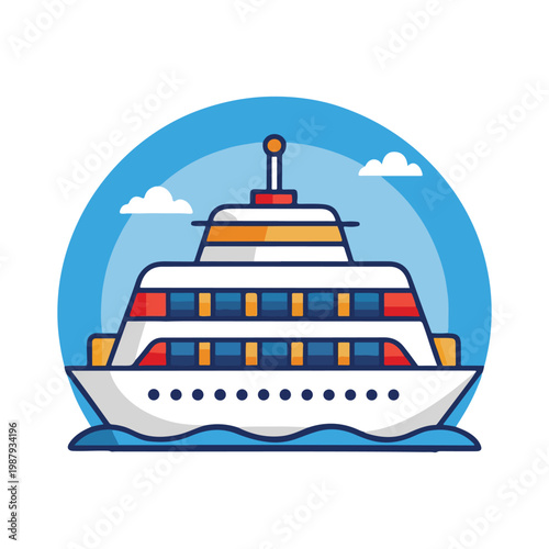 Cartoon cruise ship sailing on ocean with blue sky and clouds in background  large passenger ferry boat  travel and transportation concept