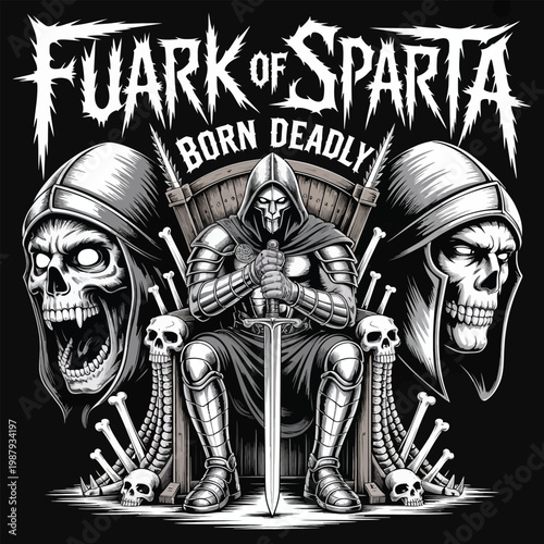 Black and white vector illustration of an armored skeleton king on a bone throne with "Fuark of Sparta" metal typography.
