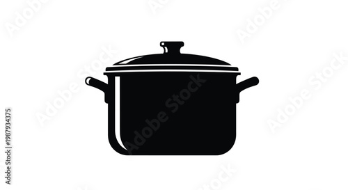 A simple black and white graphic illustration of a stockpot with handles and a lid