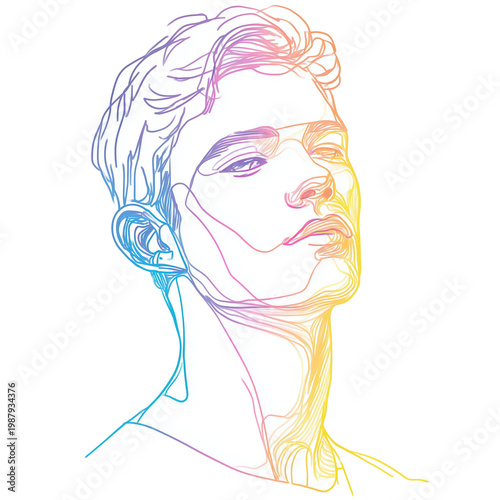 Artistic male portrait with colorful gradient line shading illustration isolated on a transparent background