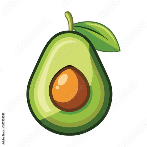 Cartoon illustration of a halved avocado with leaf and pit exposed on white background  fresh fruit