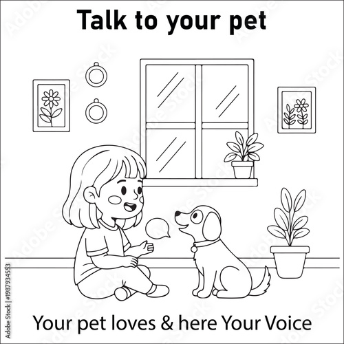 A young girl happily talking to her dog near a window