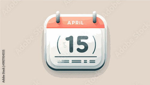 Clean Minimalist Calendar App Icon Showing April 15 with Coral Red Header and Rounded Design, Flat Vector Illustration on Beige Background