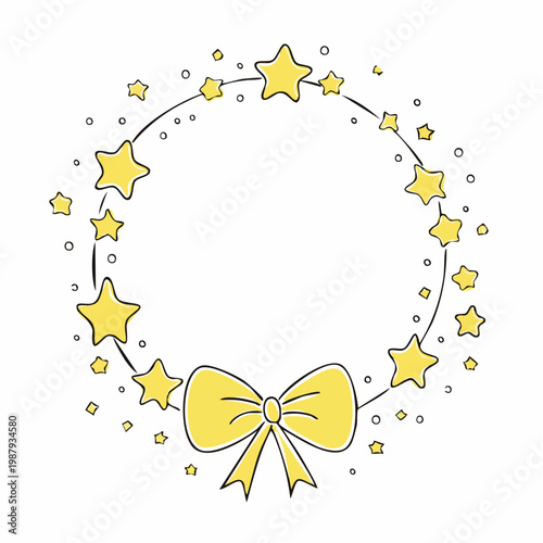 星もこもこ円形フレームかわいい薄黄色リボン線画ベビー枠
