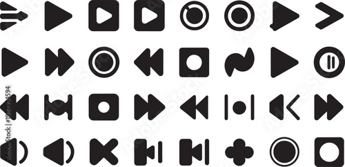 collection of media control icons, playback buttons and navigation symbols