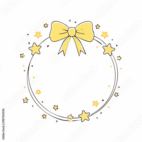 星もこもこ円形フレームかわいい薄黄色リボン線画ベビー枠