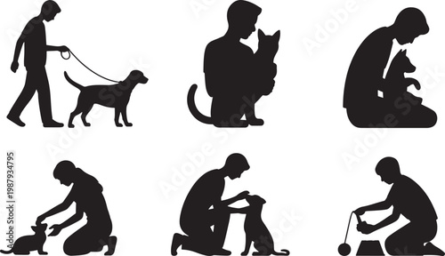 daily pet care and dog walking activities flat design illustrations