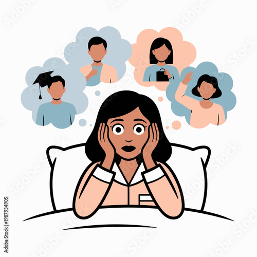 Stressed Woman Lying in Bed with Thoughts of People