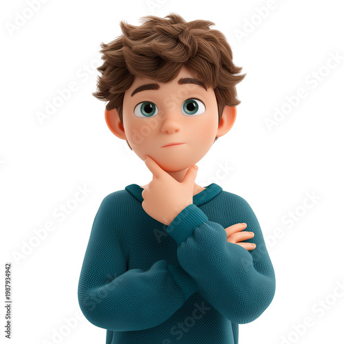 Cartoon boy character with curly hair crossing arms in confident pose isolated on a transparent background