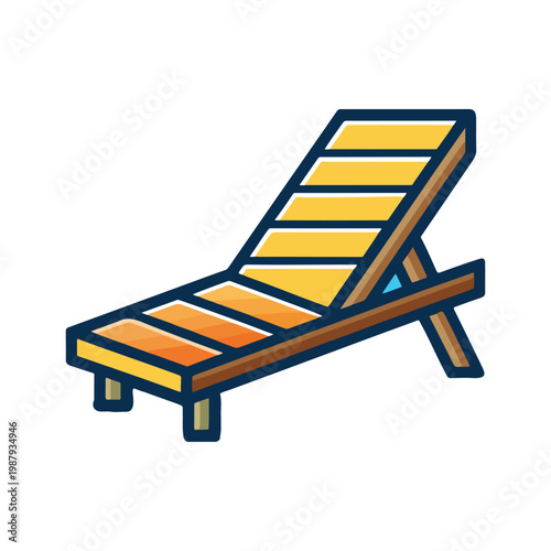 Cartoon illustration of a yellow and brown wooden deckchair with a slanted backrest and four legs isolated on white background  summer vacation and relaxation concept
