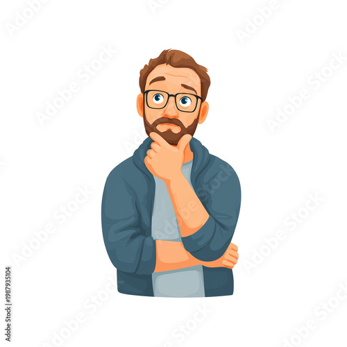 Male avatar with glasses beard thinking pose cartoon style isolated on a transparent background