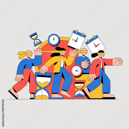 Busy People Carrying Clocks and Calendars in Modern Office