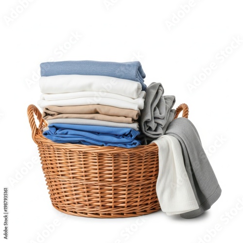 A wicker basket filled with neatly folded towels in various colors.