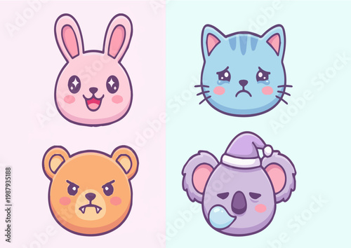 Obraz na plátně Cute Kawaii Bunny and Cat Character Portraits in Pastel Colors