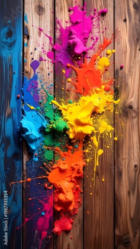A vibrant, colorful paint explosion on wooden planks, creating an abstract composition. The colors blend