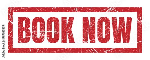 Book now grunge red rubber stamp icon isolated on white background, design for travel and event reservation.