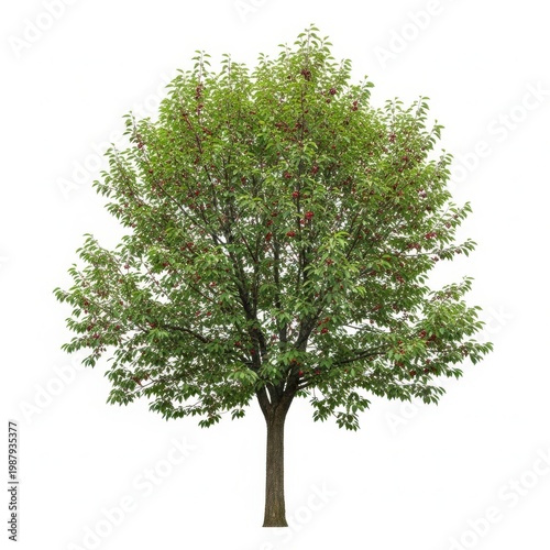 A majestic tree with lush green foliage standing tall against a white background