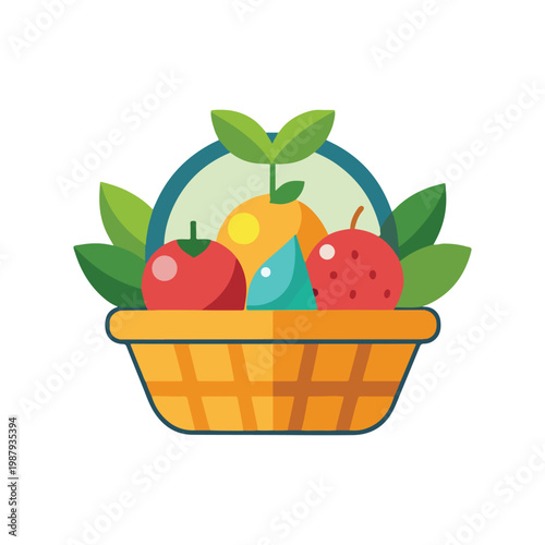 Cartoon illustration of wicker basket filled with various fruits and green leaves on white background  fruit basket  fresh produce